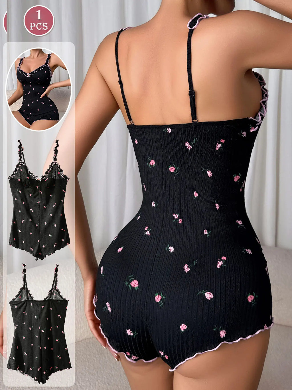 Cute Black Embroidered Rose One-piece Sleeveless Pajama Jumpsuit