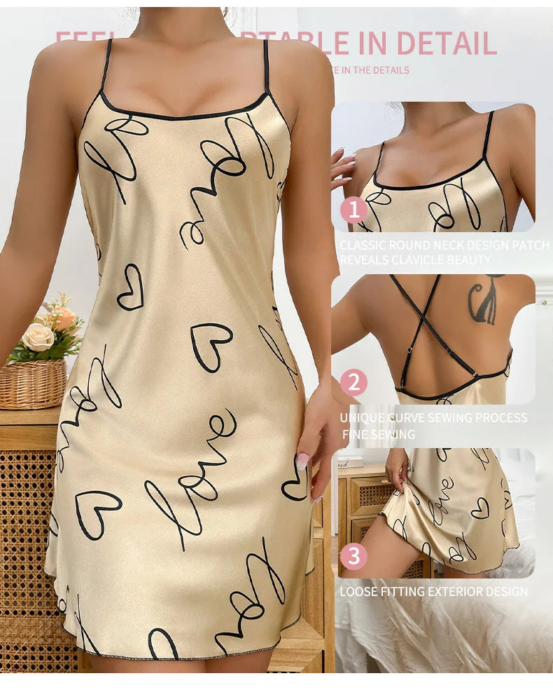 Heart Print Nightdress Scoop Neck Criss Cross Back Sleep Dress Women's Sleepwear