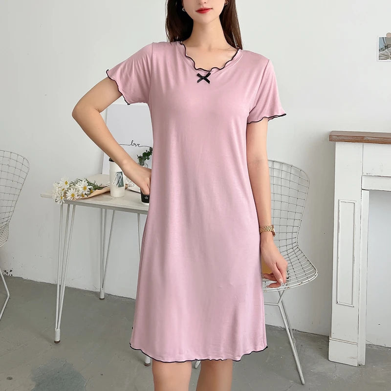 Loose Modal Short Sleeve Home Skirt A-Line Skirt Comfortable V-Neck Dress