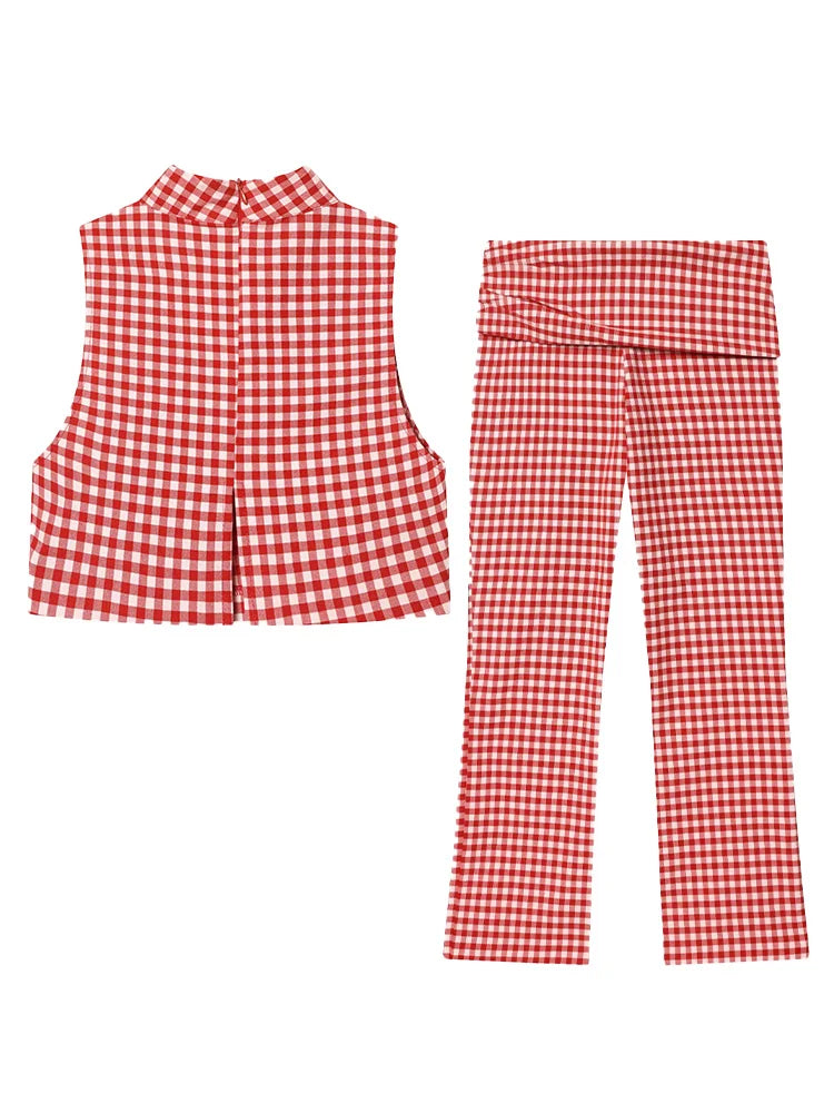 Vintage Red White Plaid 2-Piece Set Collar Zipper Sleeveless Vest+Side Slim Pant