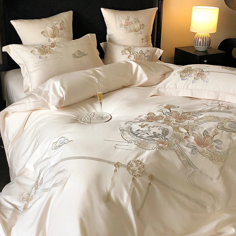 Flowers Bird Embroidery Luxury Bedding Set 1000TC Egyptian Cotton Duvet Cover Bed Sheet Pillowcases 4/5Pcs