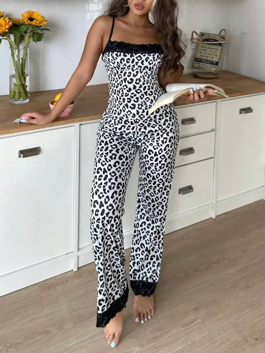 Leopard Print Lace Trim Pajama Set for Women - Silk-Like Satin Sleepwear