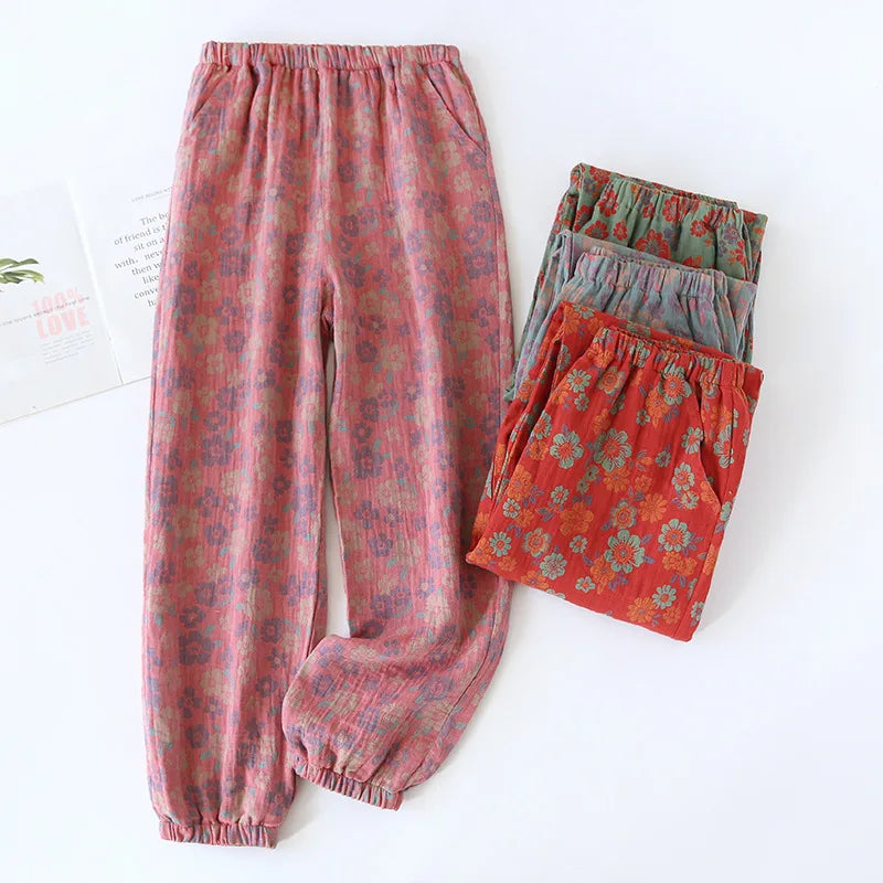 Jacquard Cute and Fresh Flower Pants 100% Cotton Loose Closing Home Pants
