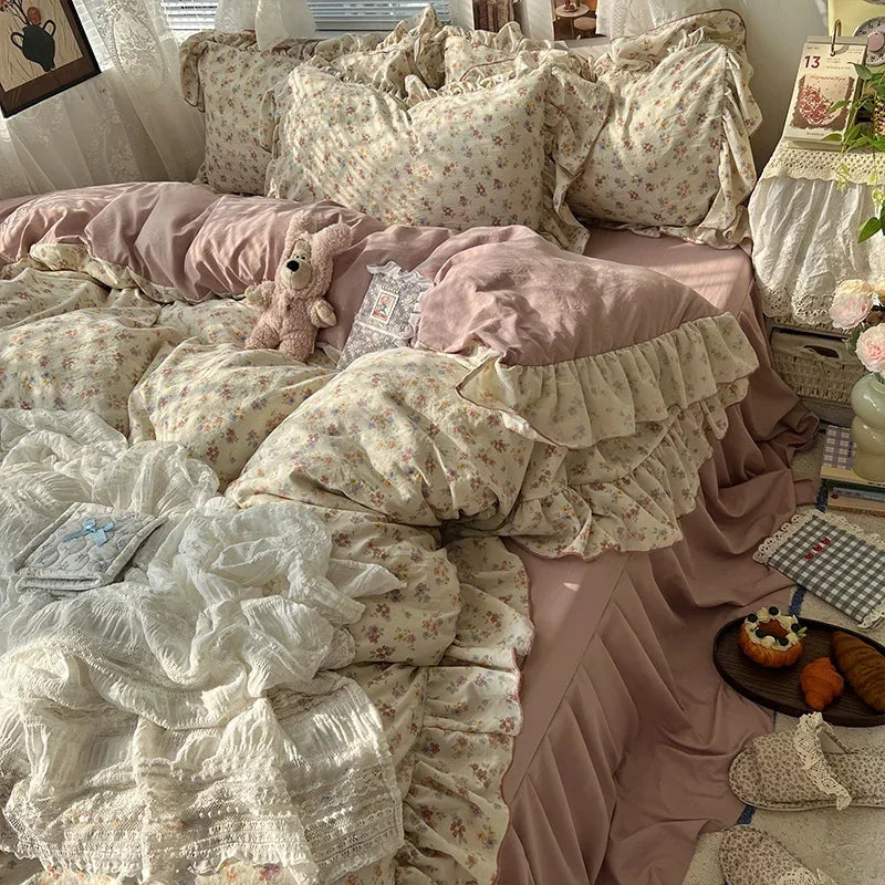 Princess Style Floral Ruffles Bedding Set Skin-friendly Soft Duvet Cover Set Bed Sheet Or Bed Skirt Pillowcases