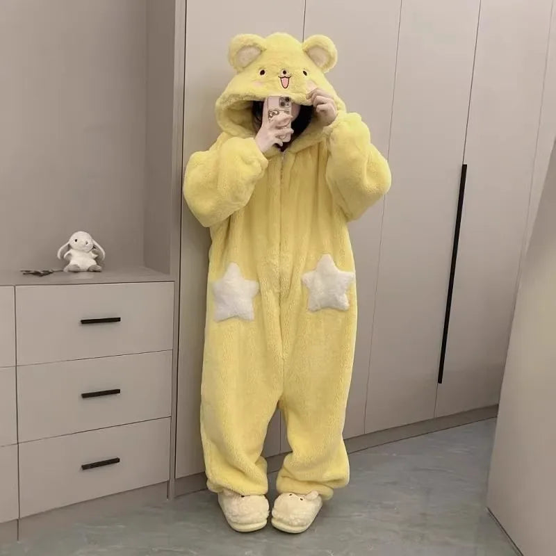 Star Patch Cute Jumpsuit Coral Fleece Pajamas