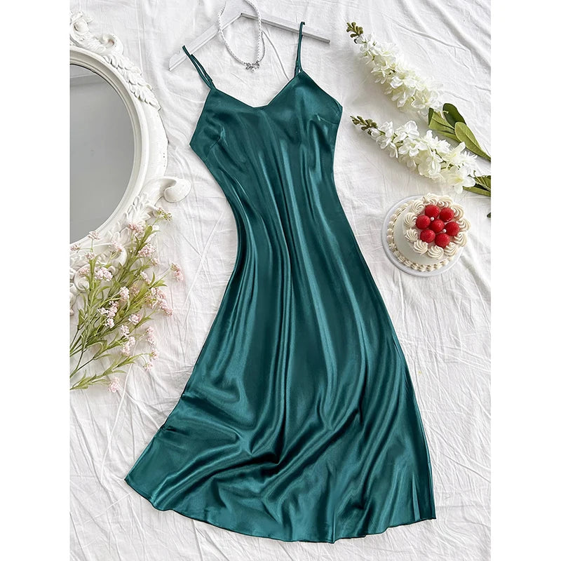 Elegant Satin Sexy Long Slip Solid Color Nightdress