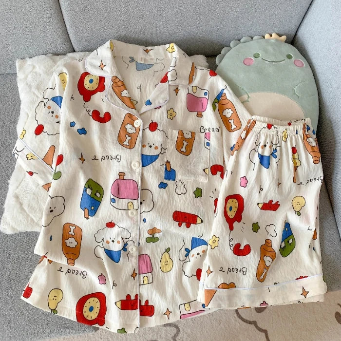 Embroidery Lapel Neck Elastic Waist Short Design Pajamas Set