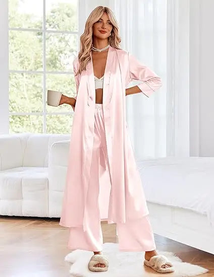 Satin Robe Belted Elegant Solid Color Silky Comfort Bathrobe Loungewear