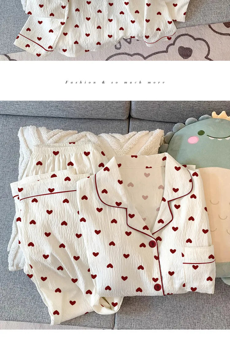 Women's Pajamas Loungewear Girl Love Cardigan Pajamas Crinkled Fabric Loungewear Long Sleeve Set