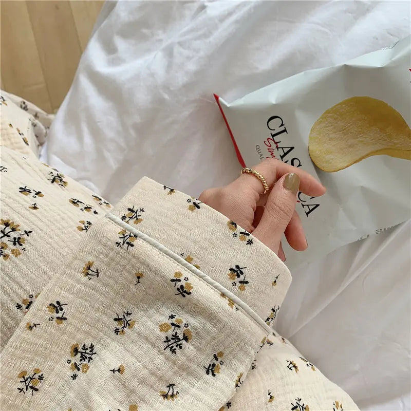 Long-Sleeved Rustic Style Floral Imitation Cotton Wrinkled Cloth Loose Pajamas