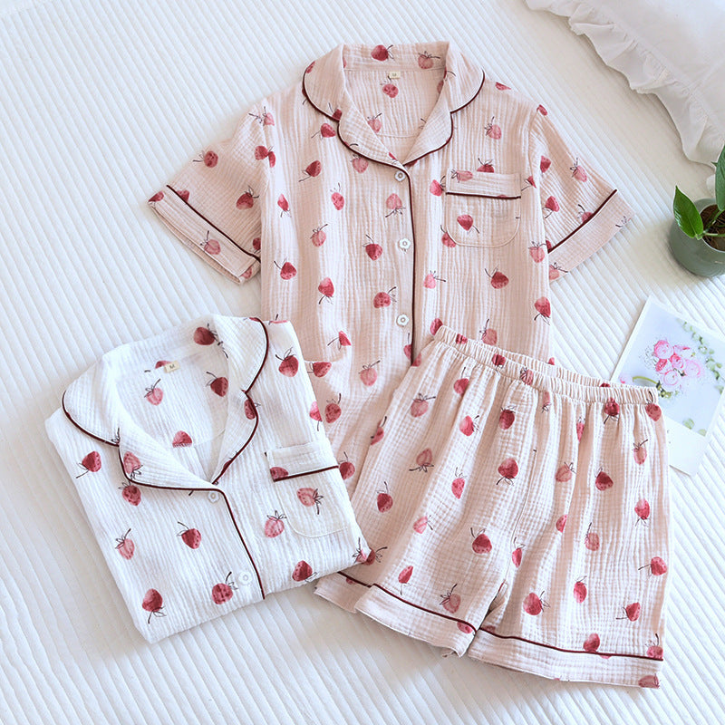 Japanese Short-sleeved Shorts Two-piece Ladies Cotton Crepe Cute Fresh Loose Set