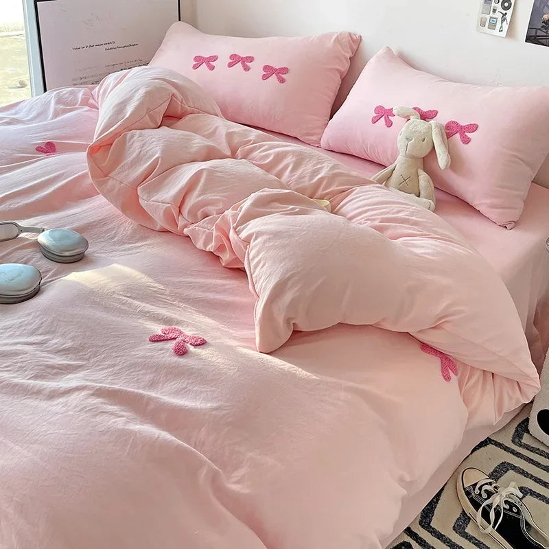 3D Embroidered Bow Quilt Set Cotton Pink Comfortable Soft Bedding