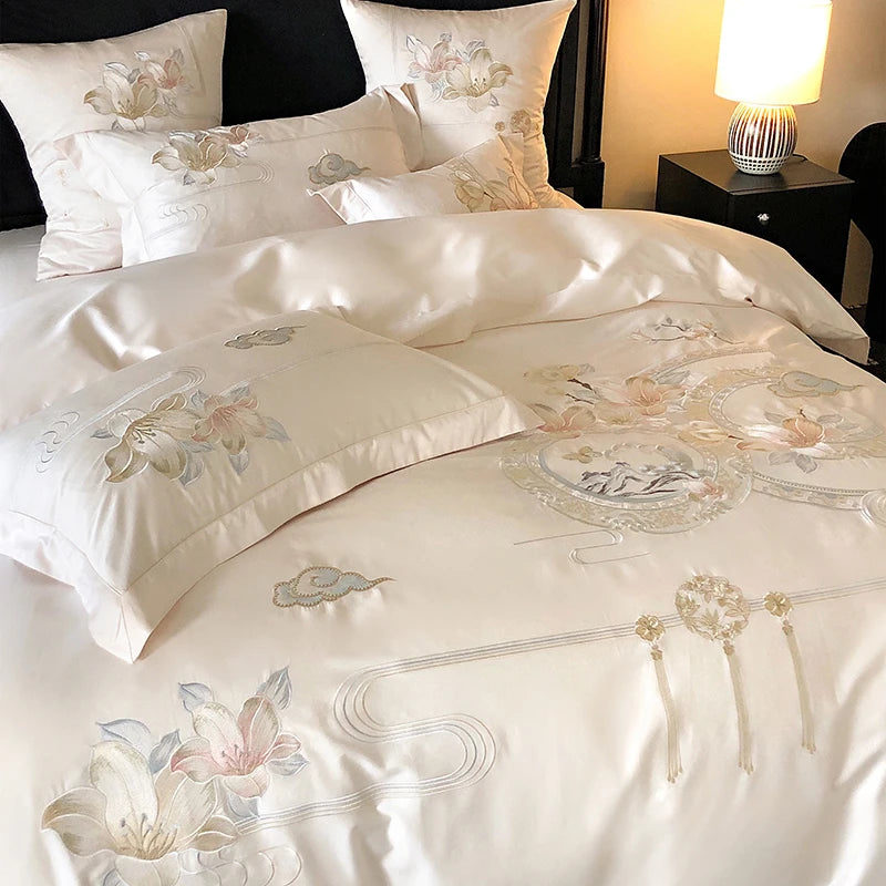 Flowers Bird Embroidery Luxury Bedding Set 1000TC Egyptian Cotton Duvet Cover Bed Sheet Pillowcases 4/5Pcs
