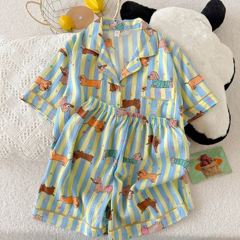 Star Striped Dog Print Kawaii Pajamas