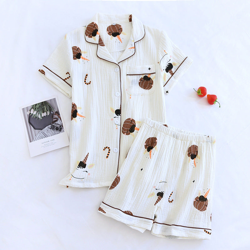 Japanese Short-sleeved Shorts Two-piece Ladies Cotton Crepe Cute Fresh Loose Set
