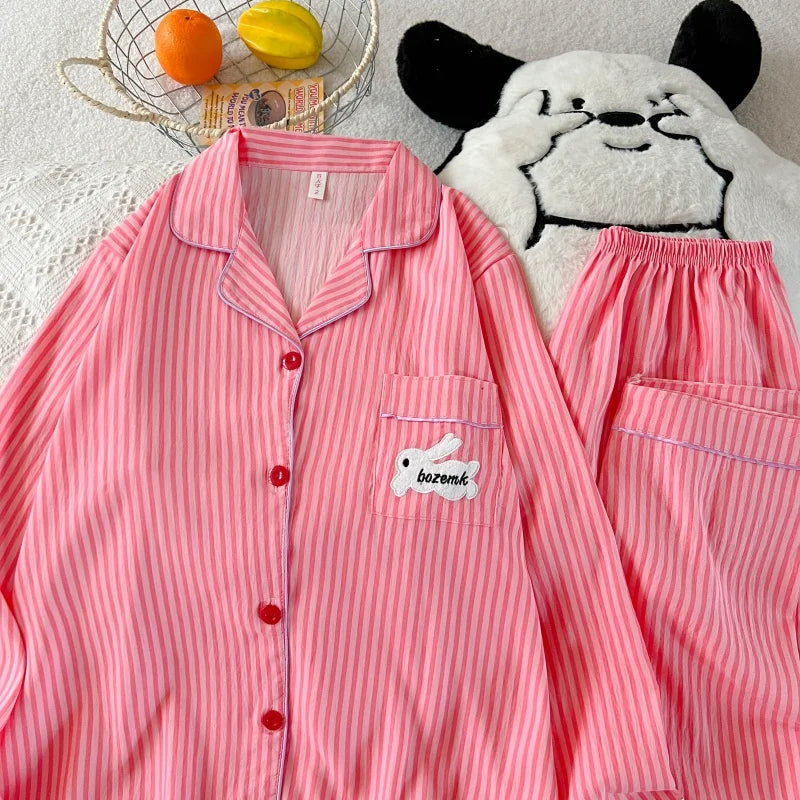 Embroidery Letter Striped Rabbit Print Long Sleepwear Two-piece Women's Pajamas