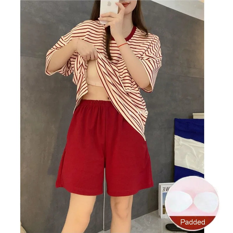 Oversized Women Striped Short Sleeve Shorts Two-piece with Self Chest Pads