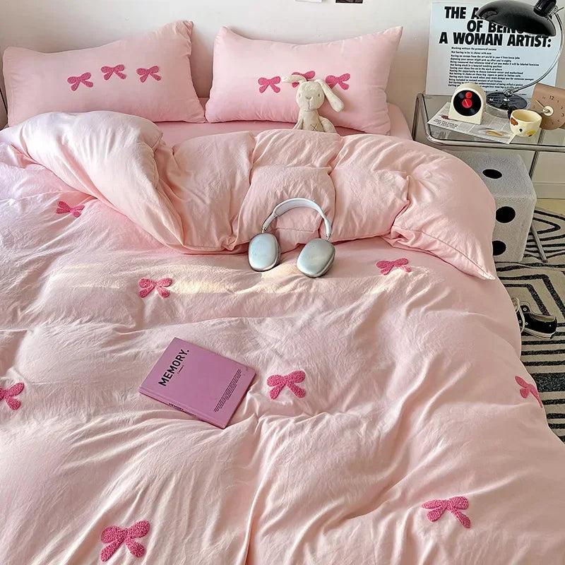 3D Embroidered Bow Quilt Set Cotton Pink Comfortable Soft Bedding