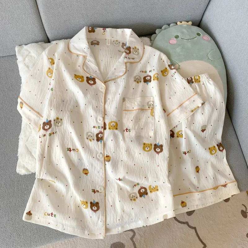 Embroidery Lapel Neck Elastic Waist Short Design Pajamas Set