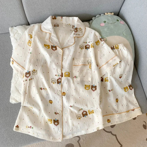 Embroidery Lapel Neck Elastic Waist Short Design Pajamas Set