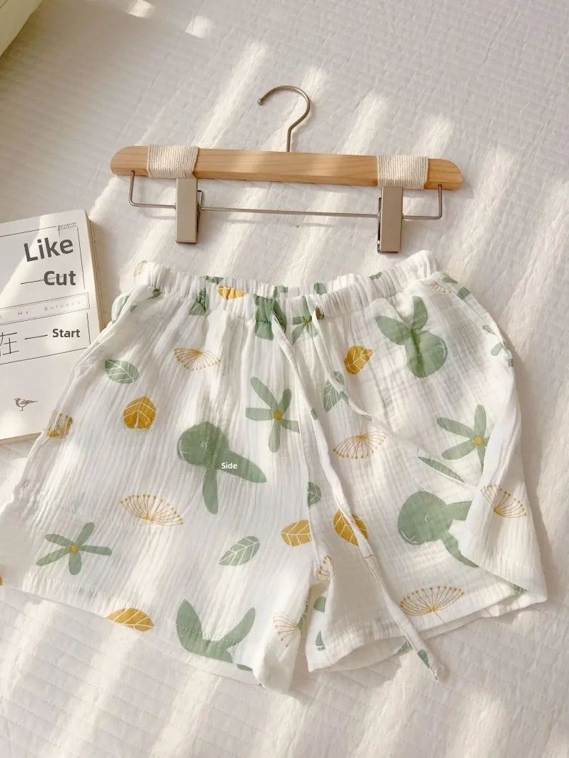 Thin Pure Cotton Bubble Cotton Gauze Sweet Loose High Waist Full Cotton Shorts