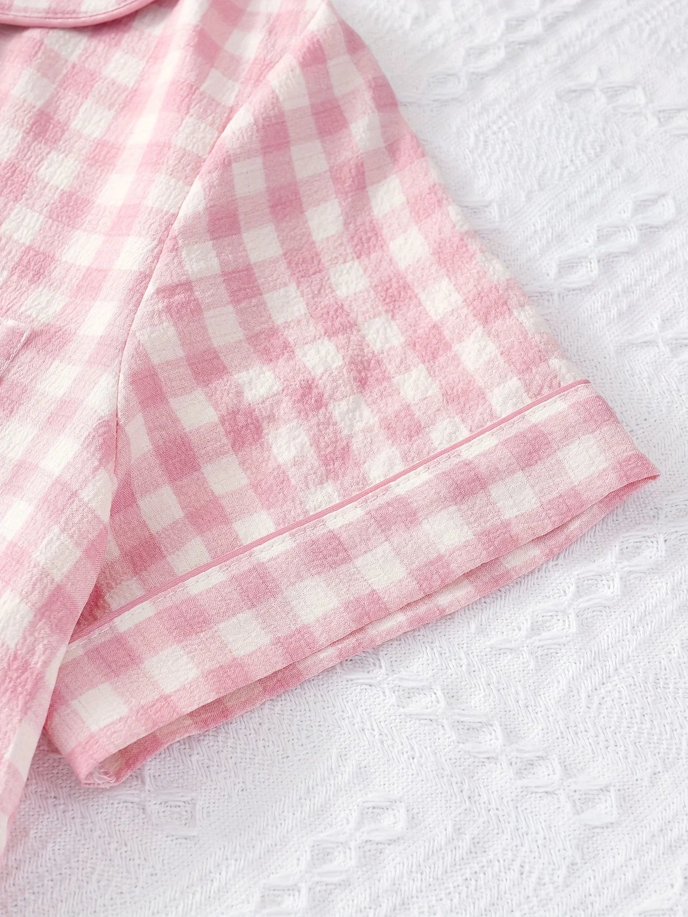 Ladies Plaid Print Casual Pajama Set Short Sleeve Collar Top and Shorts