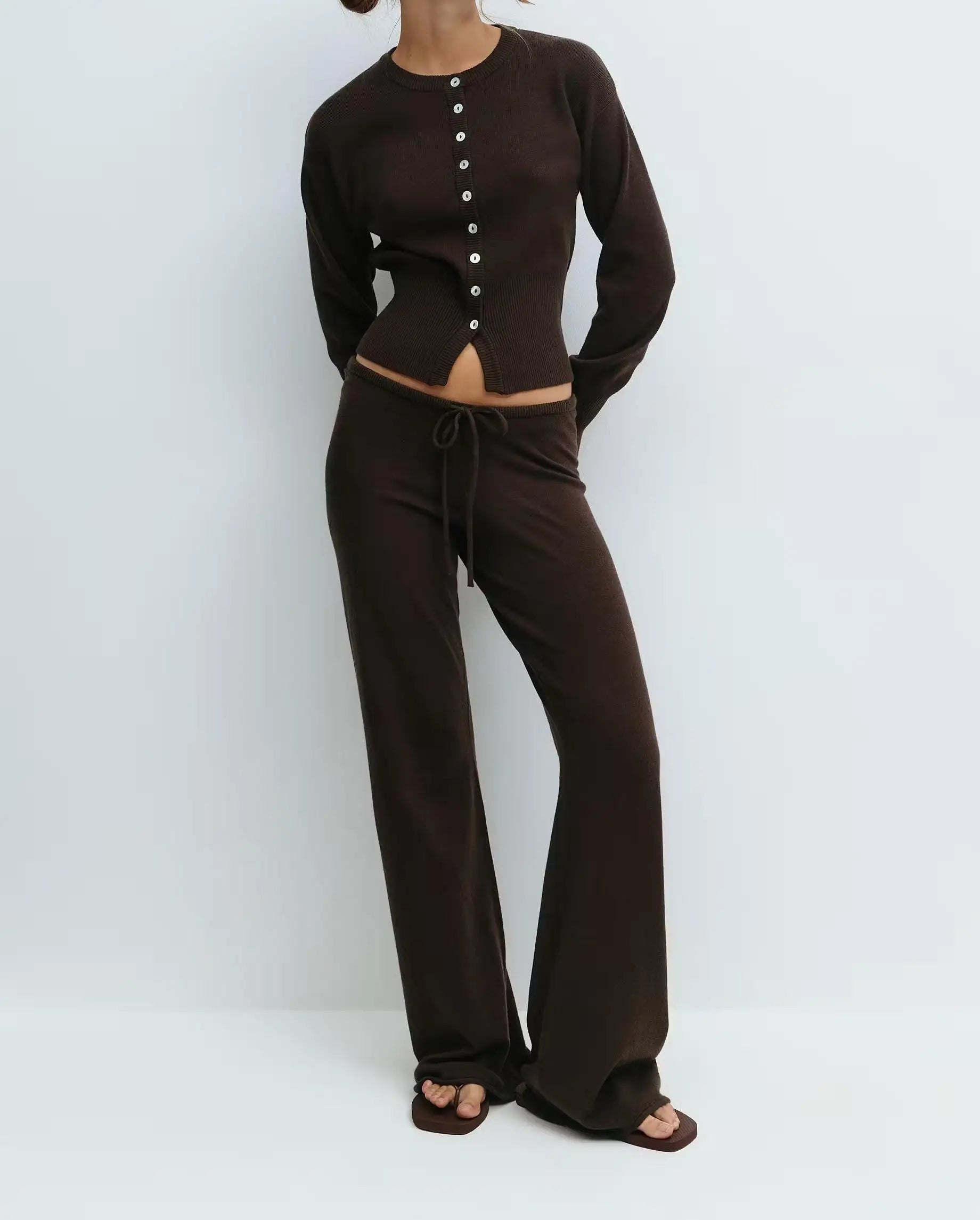 Knit Sweater Zipper Loose Knitted Wide-Leg Pants Two-Piece Set