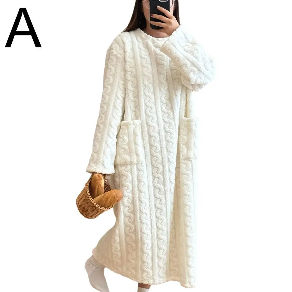 Velvet Women's Long Sleeve Double Pocket Flannel Loose Solid Sleepwear