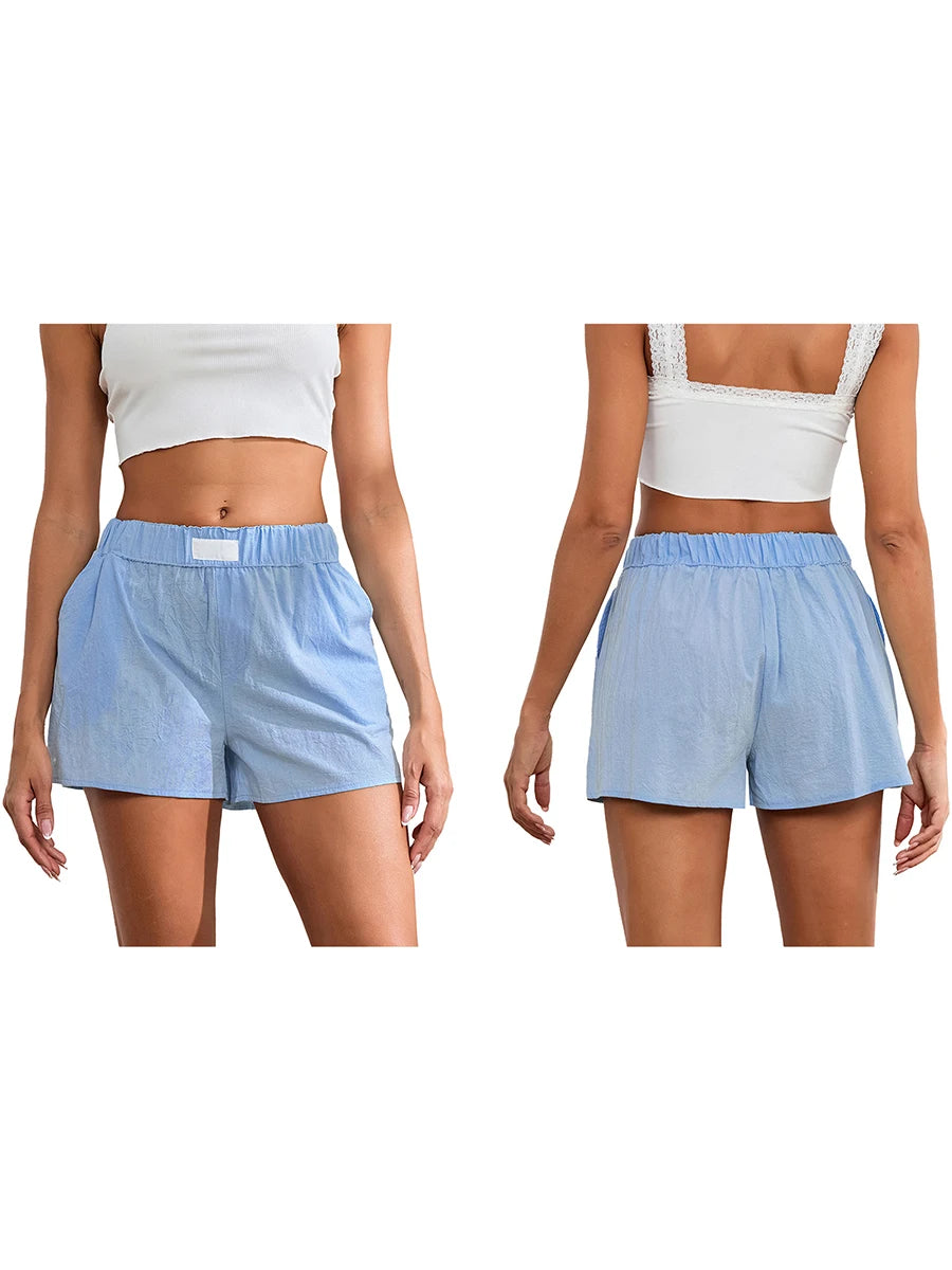 Loungewear Solid Elastic Waist Wide Leg Pajamas Boxers Shorts with Pockets