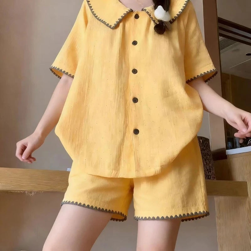 Sweet Ruffles Sets 2 Pieces Short Sleeve Night Wears