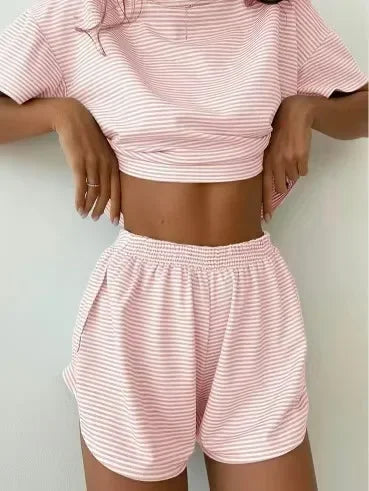 Women's Home Casual Loose Round Neck Pajamas Stripe Set Short Sleeve T-Shirt And Shorts