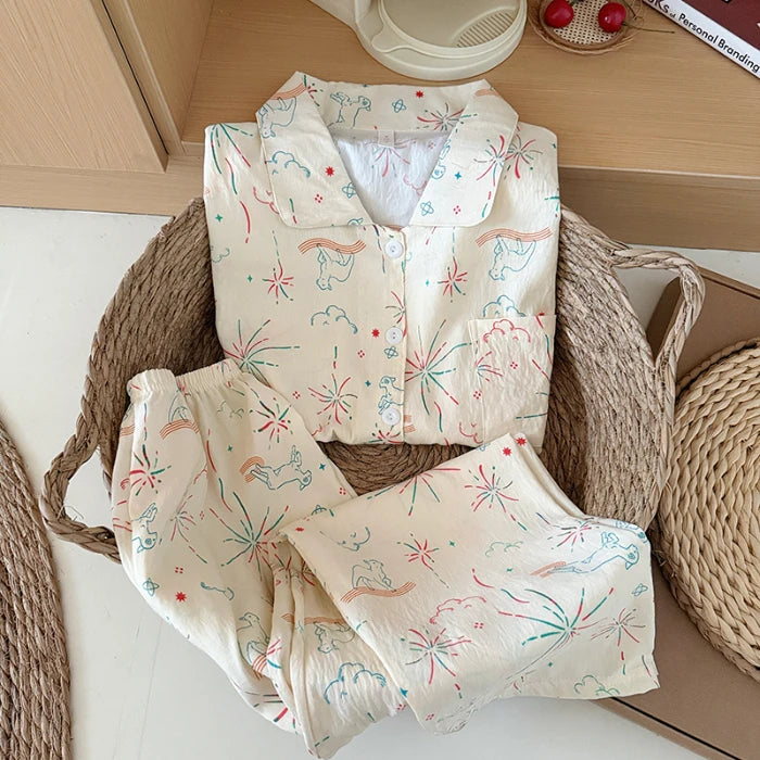 Sweet Print Women's Lapel Neck Pajamas Set