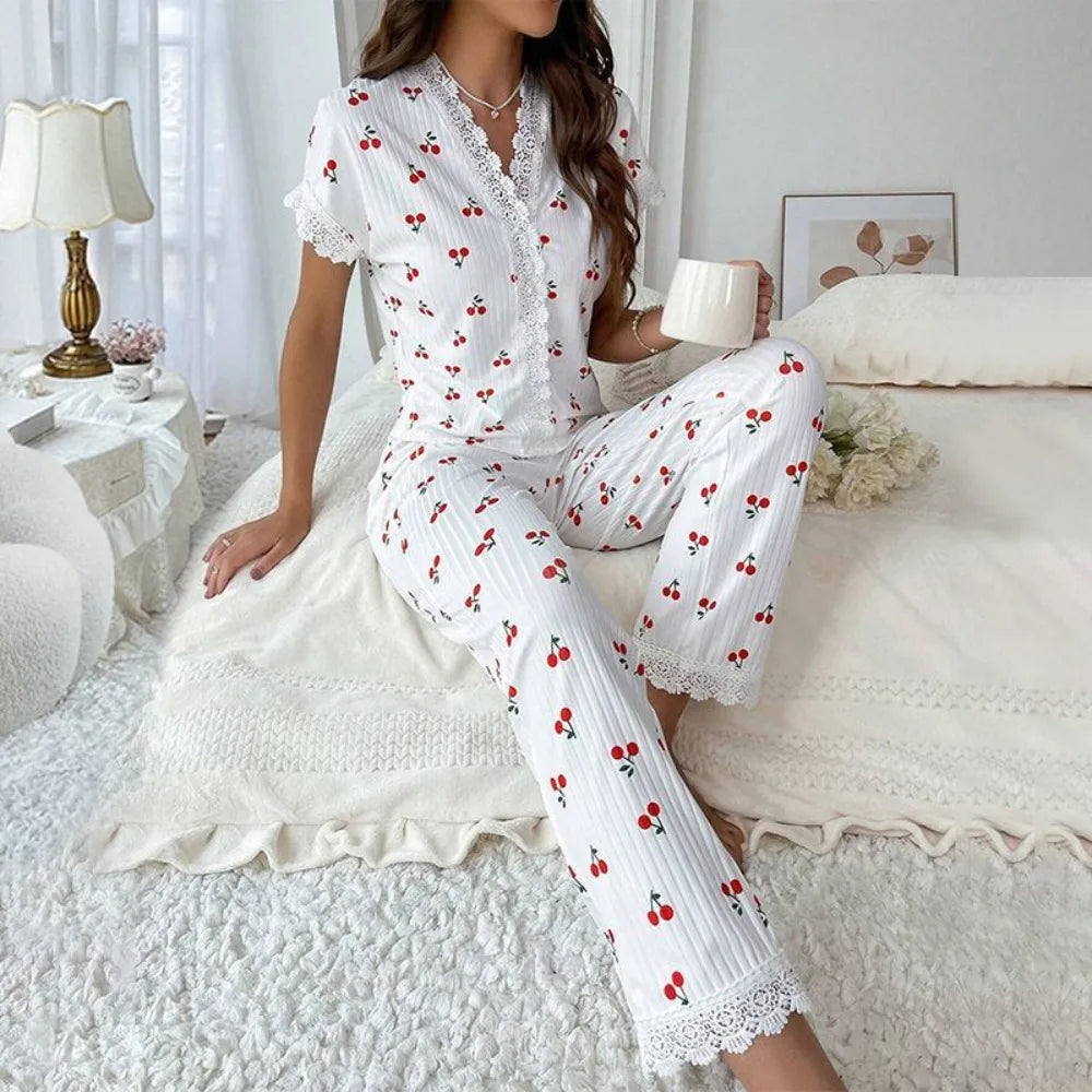 Lace Collar Printed Shirt Trousers Loungewear