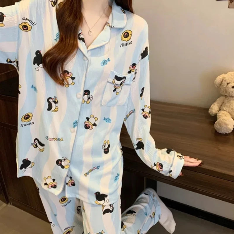 Cartoon Cute Penguins Blue White Striped Milk Silk Sleepwear