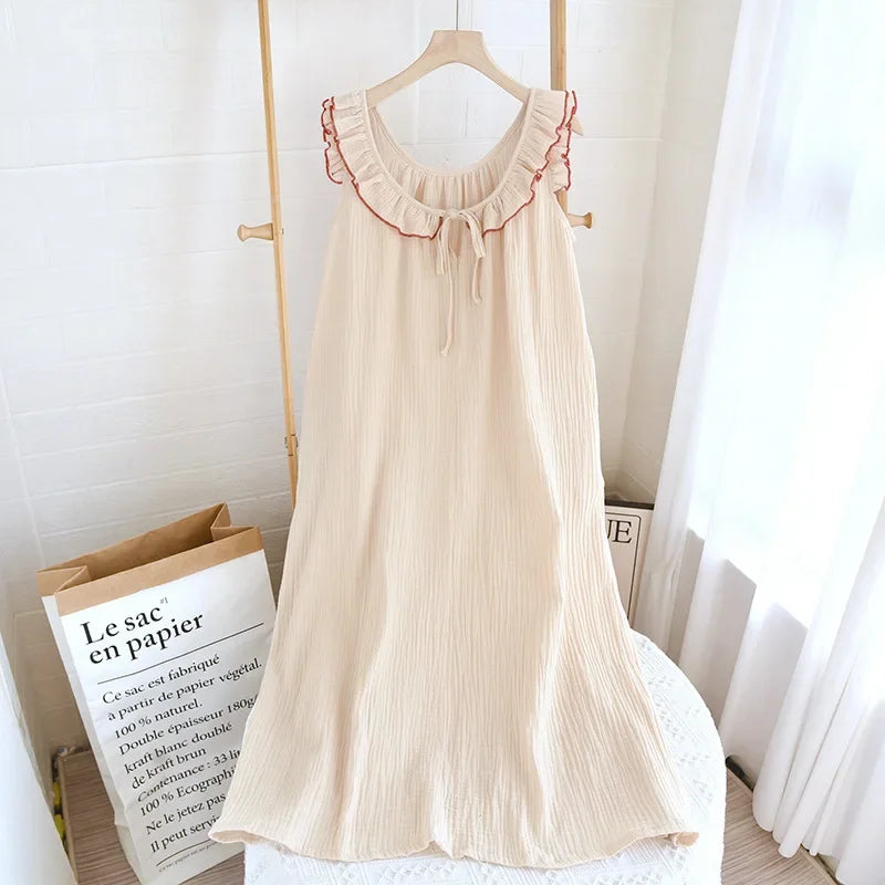 Ruffle Edge Sleeveless Camisole Women's Nightgown Double-layer Gauze Long Style Night Dress
