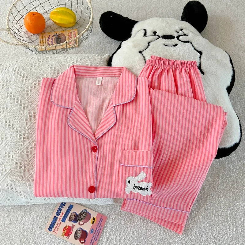Embroidery Letter Striped Rabbit Print Long Sleepwear Two-piece Women's Pajamas