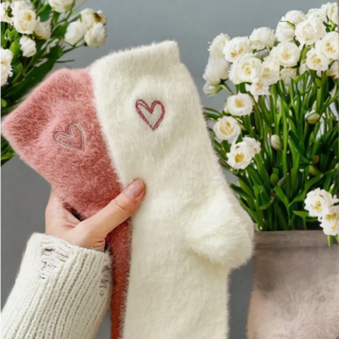 Thick Warm Fuzzy Double Heart Girls Mid-Calf Socks