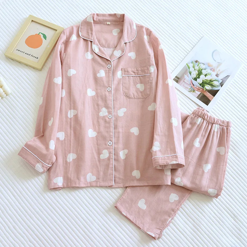 Women's 100% Cotton Long Sleeve Pants Two Piece Love Lovely Sweet Home Set