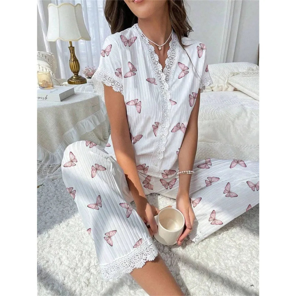 Lace Collar Printed Shirt Trousers Loungewear
