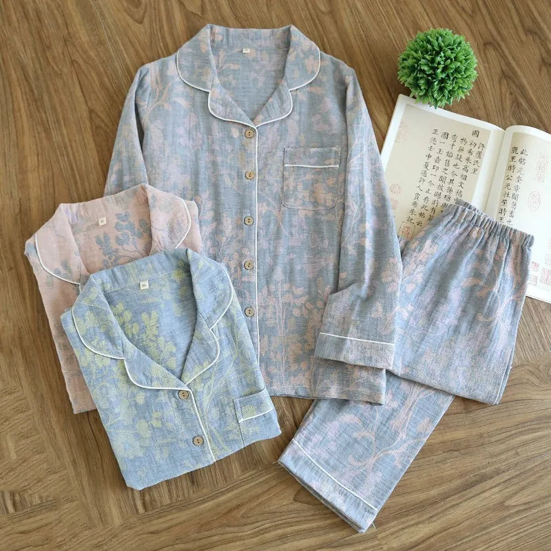 Spring 100% Cotton Gauze Retro Color Knitted Long Sleeve Two Piece Pajama Set