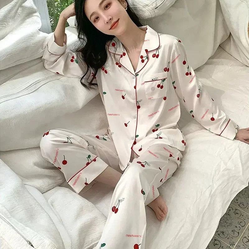 Sweet Ice Silk Pajamas Women's Long Sleeve Lace Two Piece Sleepwear Loungewear