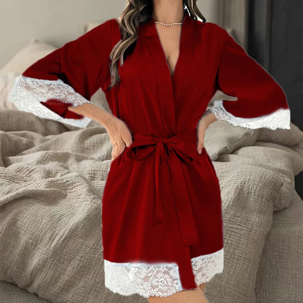 Ladies Elegant Satin Robe Lace Trim Kimono V Neck Belted Nightgown