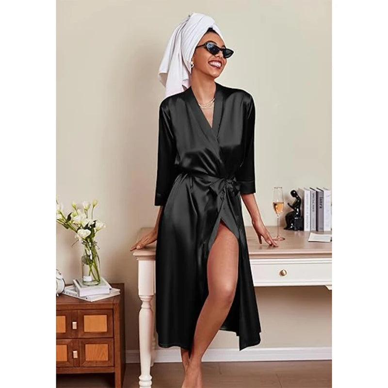 Satin Robe Belted Elegant Solid Color Silky Comfort Bathrobe Loungewear