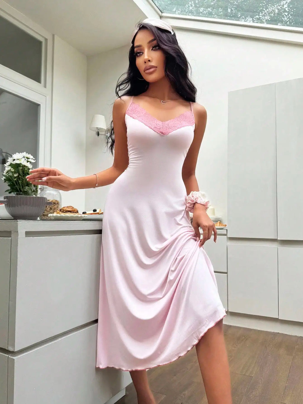 Lace Trim Nightgown Soft Satin Sleep Dress with High Slit & V-Neck