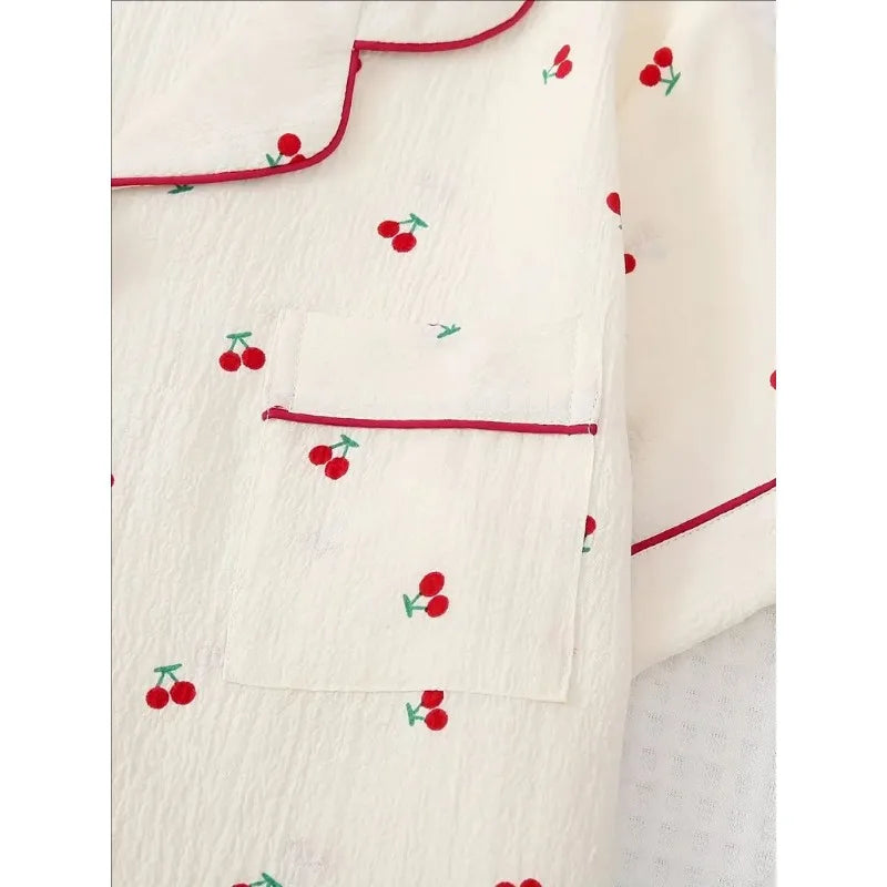 Cherry Print Cardigan Loungewear Short Sleeve Shorts