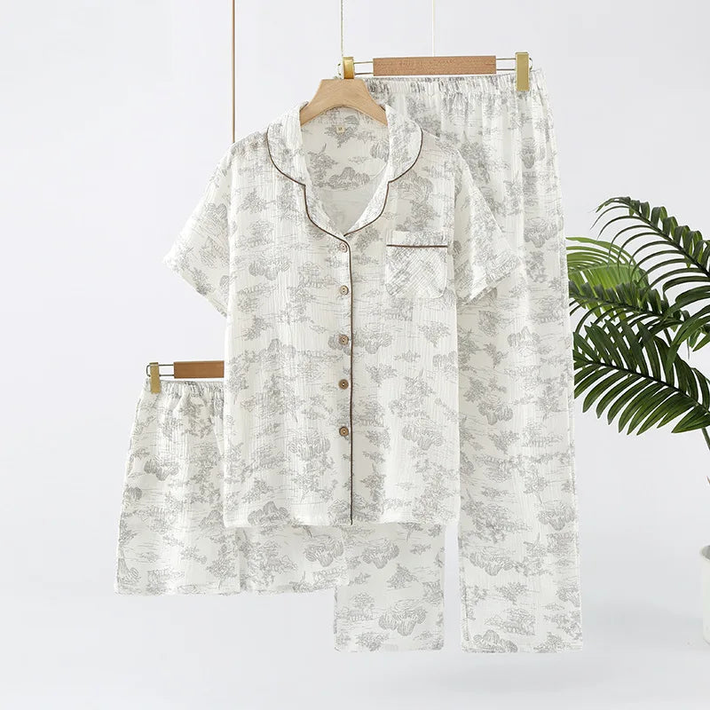 Pure Cotton Three-piece Thin Crepe Fabric Collar Short Sleeved Pants Shorts Set