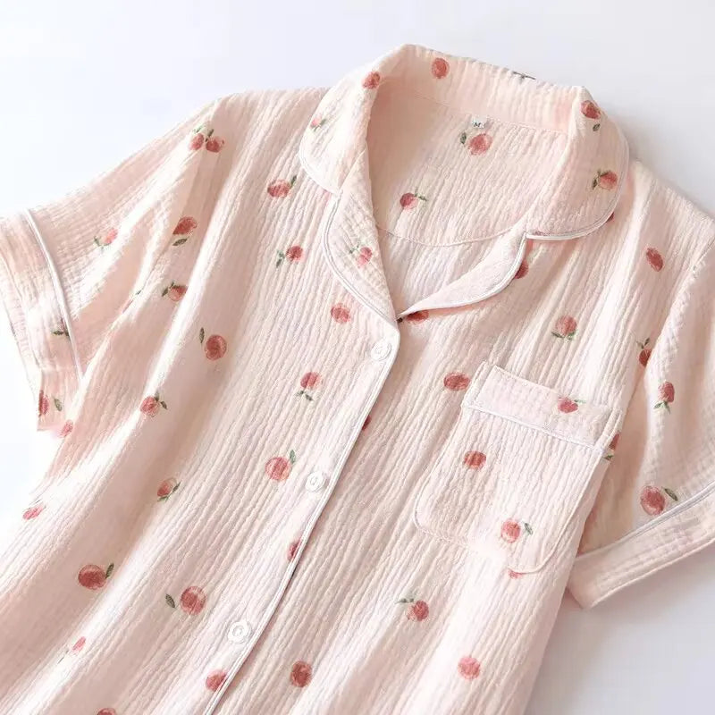 Ladies Short-sleeved Shorts 100% Cotton Crepe Cloth Thin Home Service Two-piece Set