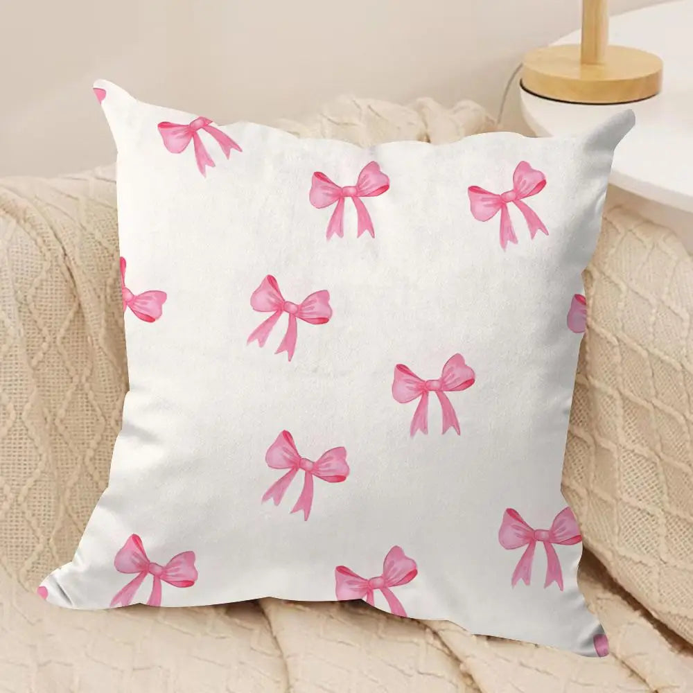 Pink Bow Cherry Cushion Cover Soft Plush Fabric Double-Sided