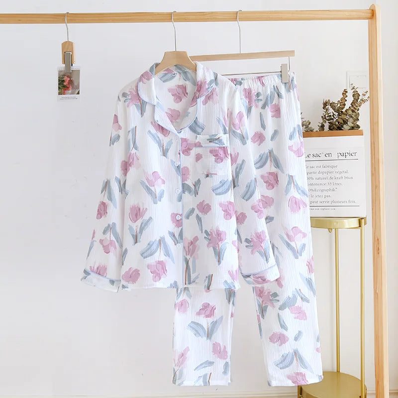 Ladies 100% Cotton Crepe Long sleeved Pants Two-piece Cute and Sweet Set