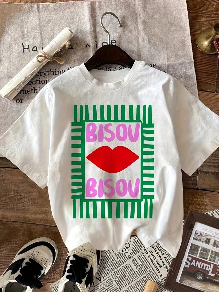 Ladies Bold Lip Print and Striped Pattern Sleep Tee